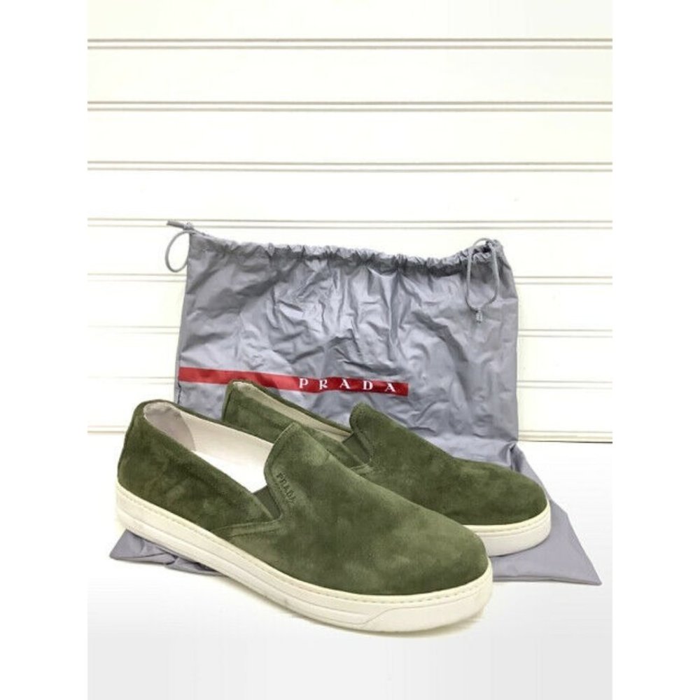 PRADA Olive Green Suede Leather Slip-On Skater Sneaker Designer 39 1/2 9 4B